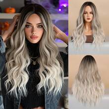 24 Inch Long Wavy Silver To Grey Ombre Wig For Women Heat Resistant Fiber Middle Part Hairpiece With Dark Roots,Natural Synthetic Full Machine Hair Wigs For Daily Music Festival Party Wear, Cosplay Halloween & Street Photography Use - 漸變灰色 - 查看 12
