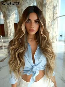 24 Inch Long Wavy Ombre Golden Brown Wig For Women Heat Resistant Fiber Middle Part Hairpiece Dark Roots,Natural Synthetic Full Machine Hair Wigs For Daily Music Festival Party Wear, Cosplay Halloween & Street Photography Use - 漸層棕色 - 查看 2