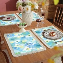 1 peça de jogo americano com estampa floral vintage, jogo americano de jantar com borlas de linho, decoração de mesa lavável, decoração de quarto, jogos americanos, porta-copos, jogos americanos de mesa de jantar de cozinha, decoração de festa interna e externa, decoração de casa, presente ideal - Multicolorido - Ver 11