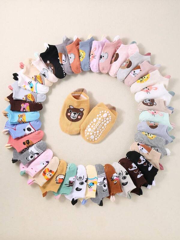 10 Pairs Of Funny Cute Cartoon Animals Non-Slip Silicone Grip Dots Baby Socks, Summer Infant Socks For Unisex Boys And Girls, Toddler No Show Socks Trainer Socks, Random Colors