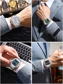 POEDAGAR Luxury Square Stainless Steel Date Day Quartz Wristwatch, Business Waterproof Luminous Men's Watch, Casual Men's Wristwatch, Suitable For Daily Occasions, Men's Birthday Gift