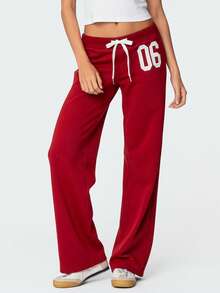 Women Y2K Number Printed Sweatpants Drawstring Elastic High Waist Straight Leg Baggy Pants Loose Workout Joggers Casul Trousers - Đỏ - Xem 3