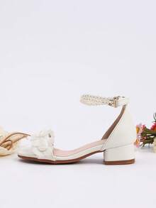 1 pereche de pantofi cu toc înalt pentru fetițe, la modă nouă de vară, sandale de prințesă, sandale confortabile de zi cu zi pentru studente, toc roman cu decor din dantelă, tocuri înalte de mărime mare, pantofi de performanță, pantofi cu toc jos pentru dans, pantofi pentru fetițe cu flori pentru petreceri de nuntă