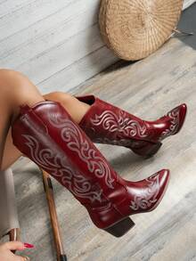 Women's Vintage Embroidered Western Cowboy Boots For Vacation, Music Festivals, And Casual Outings, Festival Footwear, Pointed Toe Design, Durable Tpr Sole  Western    Embroidery    Holiday - Đỏ - Xem 2