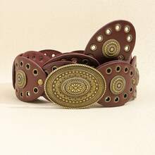 1 Piece Women's Belt Metal Snap Decoration Dress Fashion Retro Wasteland Style Waist Seal Eyelet Oval Piece Carving - 古銀豹紋 - 查看 7