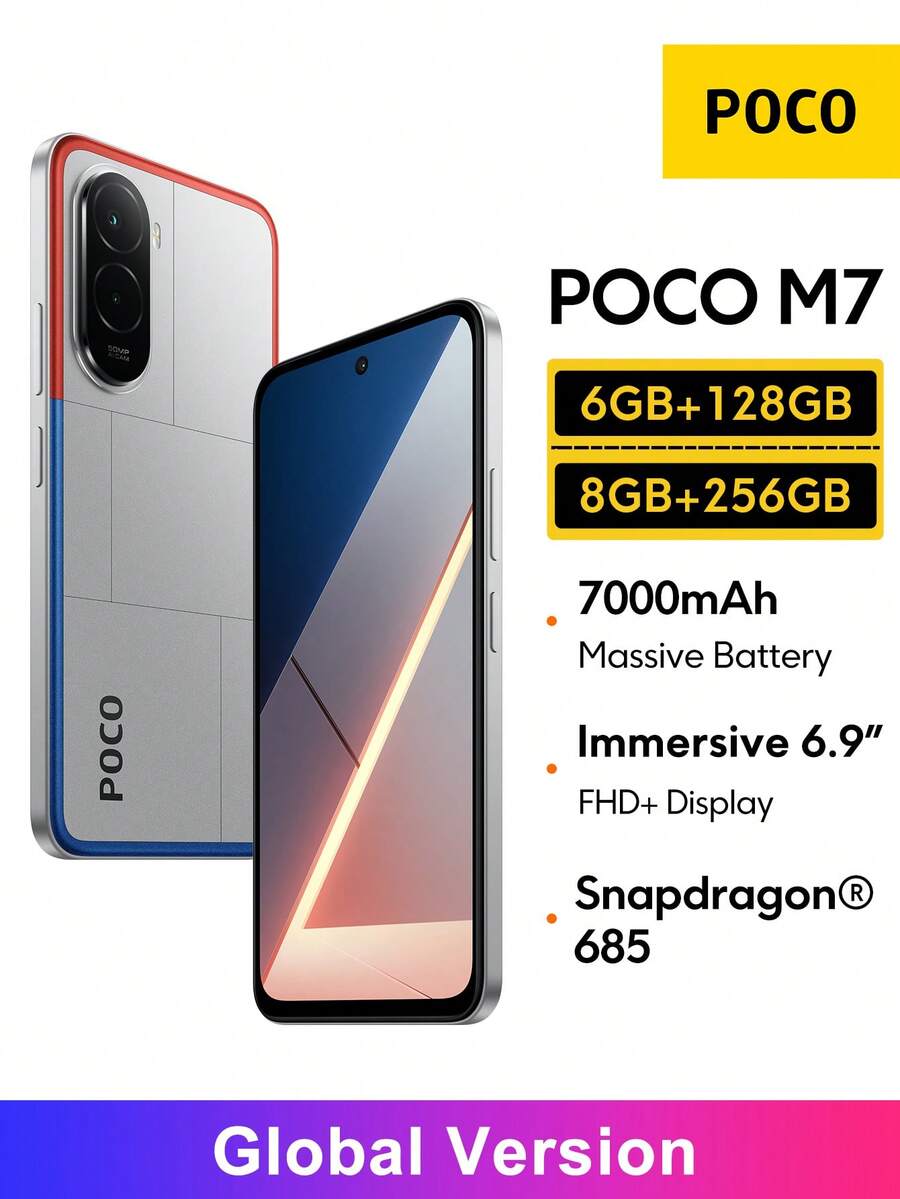 Xiaomi POCO M7 NFC智能手机，6GB+128GB/8GB+256GB全球版，6.9英寸FHD+沉浸式显示屏，144Hz刷新率，7000mAh（典型值）大容量电池，支持33W快充和18W反向充电，5000万像素AI双摄像头，骁龙685处理器，AI人脸解锁，IP64级防水防尘，是送给孩子和父母的绝佳圣诞礼物。 - 銀色 - 查看 1