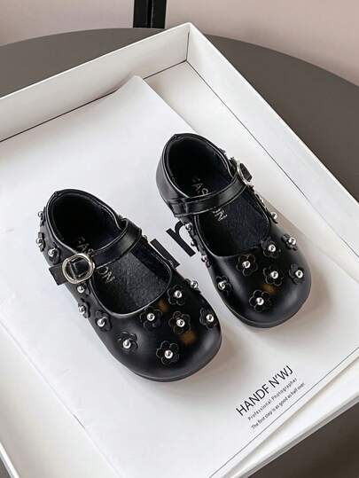 1 par de zapatos planos y lindos con diseño de gancho y bucle de PU con estampado floral para niñas, adecuados para primavera y otoño