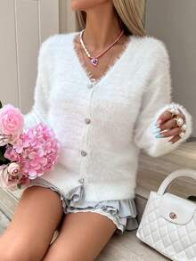 Áo khoác cardigan nữ màu trơn thanh lịch kiểu retro lãng mạn, tay dài, cài cúc, cổ lông giả, cổ chữ V, thích hợp cho tiệc trà, đi học, dự tiệc, hẹn hò, mặc hàng ngày, du lịch, đầu xuân, mọi mùa. Màu trắng. - trắng - Xem 5