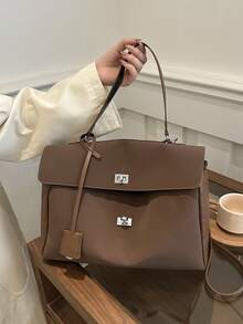 1 件纯色绒面革手提包，大容量单肩包带锁，时尚通勤包适合旅行、购物、约会、女士礼物，适合少女、大学生和白领，非常适合办公室、学校、工作、商务、通勤、户外、旅行、野餐 - 咖啡棕 - 查看 2