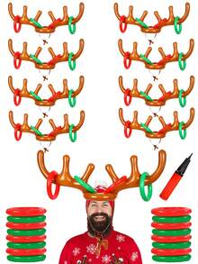 7/14 Stücke/Aufblasbares Rentiergeweih Ringtoss Spiel (2 Geweihe + 12 Ringe) für Weihnachtsparty 2025, hervorragendes Familien-Weihnachtsspiel. Weihnachtsparty Spiele mit Geweih Hüten, Weihnachtsparty Zubehör für drinnen und Outdoor Ringtoss Spiel
