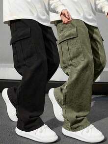 2pcs Boys & Teens Casual Sports Outdoor Halloween Party Big Pocket Straight Leg Cargo Pants, Spring/Autumn - Army Green - View 1
