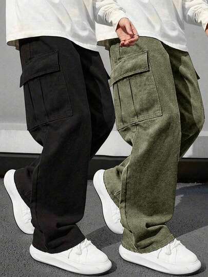 2pcs Boys & Teens Casual Sports Outdoor Halloween Party Big Pocket Straight Leg Cargo Pants, Spring/Autumn