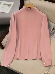 Elegant Pink Puff Sleeve Blouse With Stand Collar And Ruffle Front For Women - Pink - View 2