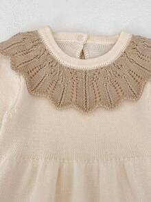 Autumn New Baby Girl Knitted Long Sleeve Dress, Elegant Floral Ruffled Princess Sweater Dress - Apricot - View 5