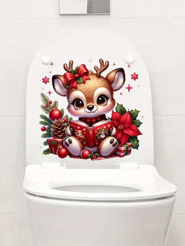 1pc Adorable Christmas Deer Toilet Seat Decal Cute Christmas Deer Toilet Lid Stickers Home Decor Bathroom Stickers PVC Festive Bathroom Sticker With Santa Hat & Snowflakes Easy-To-Apply Holiday Decoration For Walls & Tanks 11.61*11.61in For Wall Decorations Beautify Your Home Holiday Decoration Gifts Wall Stickers Room Decor Wall Sticker Home Decor Christmas Decorations Christmas Decorations Home