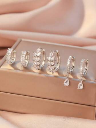 6pcs/Set Copper Zirconia Stone Minimalist Elegant Earrings Set, Versatile Fashion Jewelry Suitable For Mother's Day Gift