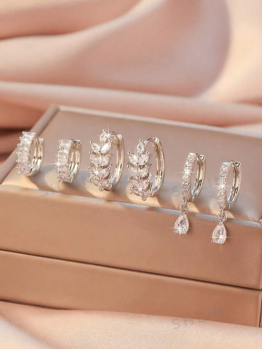 6pcs/Set Copper Zirconia Stone Minimalist Elegant Earrings Set, Versatile Fashion Jewelry Suitable For Mother's Day Gift