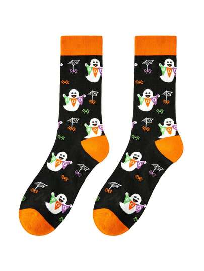 1 paire de chaussettes mi-mollet pour hommes avec motif mignon de fantôme pour Halloween, fond noir avec bordure orange. Une chaussette amusante indispensable pour les fêtes de vacances, confortable et respirante pour les hommes et les femmes. Chaussettes d'automne