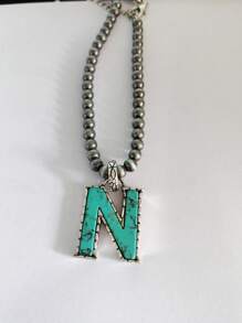 1pc Western Country Style Vintage Textured CCB Multicolor Leopard Print Black & White Plaid 26 Letter Minimalist Pendant Necklace, Sweater Chain