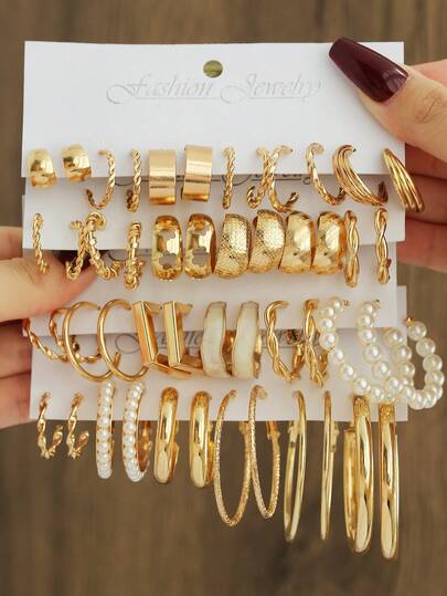 Set di 12 orecchini a cerchio vintage in metallo effetto texture punk, design minimalista geometrico quadrato, a spirale, a righe e a forma di C liscia, con perle finte, adatti per uso quotidiano, feste, banchetti e abbinamenti casual per le donne