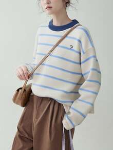 Alicedudu كنزة صوفية كلاسيكية للنساء بياقة مستديرة وخطوط، ناعمة ودافئة، للخريف/الشتاء