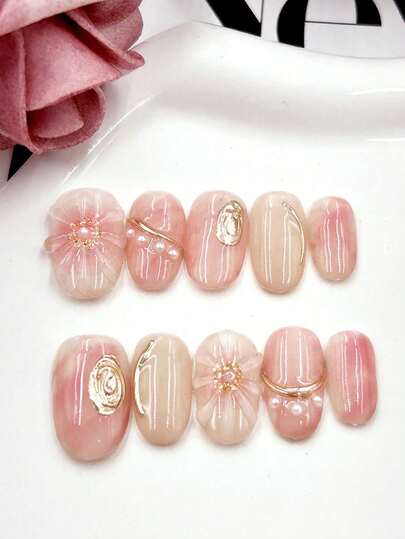 qihangxin 10片手工杏仁形美甲贴纸，柔和撞色设计，轻盈奢华，高端染色工艺，花卉装饰，适合多种风格，圣诞礼物，假指甲，按压式短指甲，美甲用品，手工按压式美甲