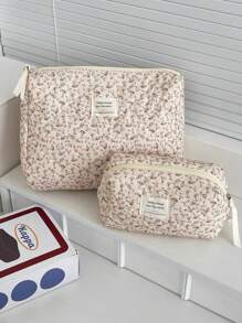 1 Stück/Set Cord-Samt Rosa Blume Muster Multifunktionale Kosmetik Organizer Geldbörse Tasche Tragbare Kosmetik Pinsel Aufbewahrung Clutch mit Reißverschluss für Lippenstift, Pinsel, Hautpflege, Handy, Münzen, Kleinteile, für Zuhause, Uni-Essentials, Reiseaccessoires, Urlaubsreise, Damen Kosmetiktasche, Kosmetik Organizer