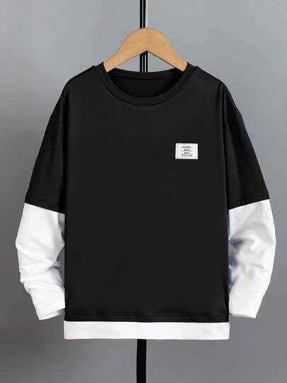 男童拼布撞色圆领长袖休闲T恤，时尚百搭，2025年春秋季新款