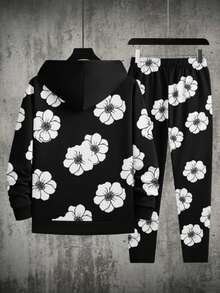 2pcs Men's Floral Print Sweatshirt And Sweatpants Set, Autumn/Winter, Cozy Outfits - Black - View 3