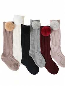 1 Pair Thick Warm Fuzzy Ball Mid-Calf Socks, Autumn/Winter