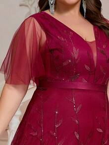 女士加大码优雅亮片叶图案拼布网眼拉链优雅成熟保守派对浪漫网眼领带晚会礼服，适合婚礼、派对、生日、周年纪念、毕业典礼、节日、鸡尾酒会、正式晚宴、春夏秋冬 - 酒紅色 - 查看 7