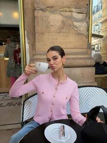 FOR BEAUTY 春季圆领长袖针织毛衣，新款金属纽扣时尚通勤甜美粉色开衫外套，百搭休闲毛衣，适合情人节约会 - 粉色 - 查看 8