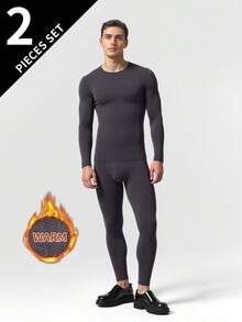 2 件男士时尚秋季保暖内衣套装，秋冬保暖棉针织打底衫 - 灰色 - 查看 1