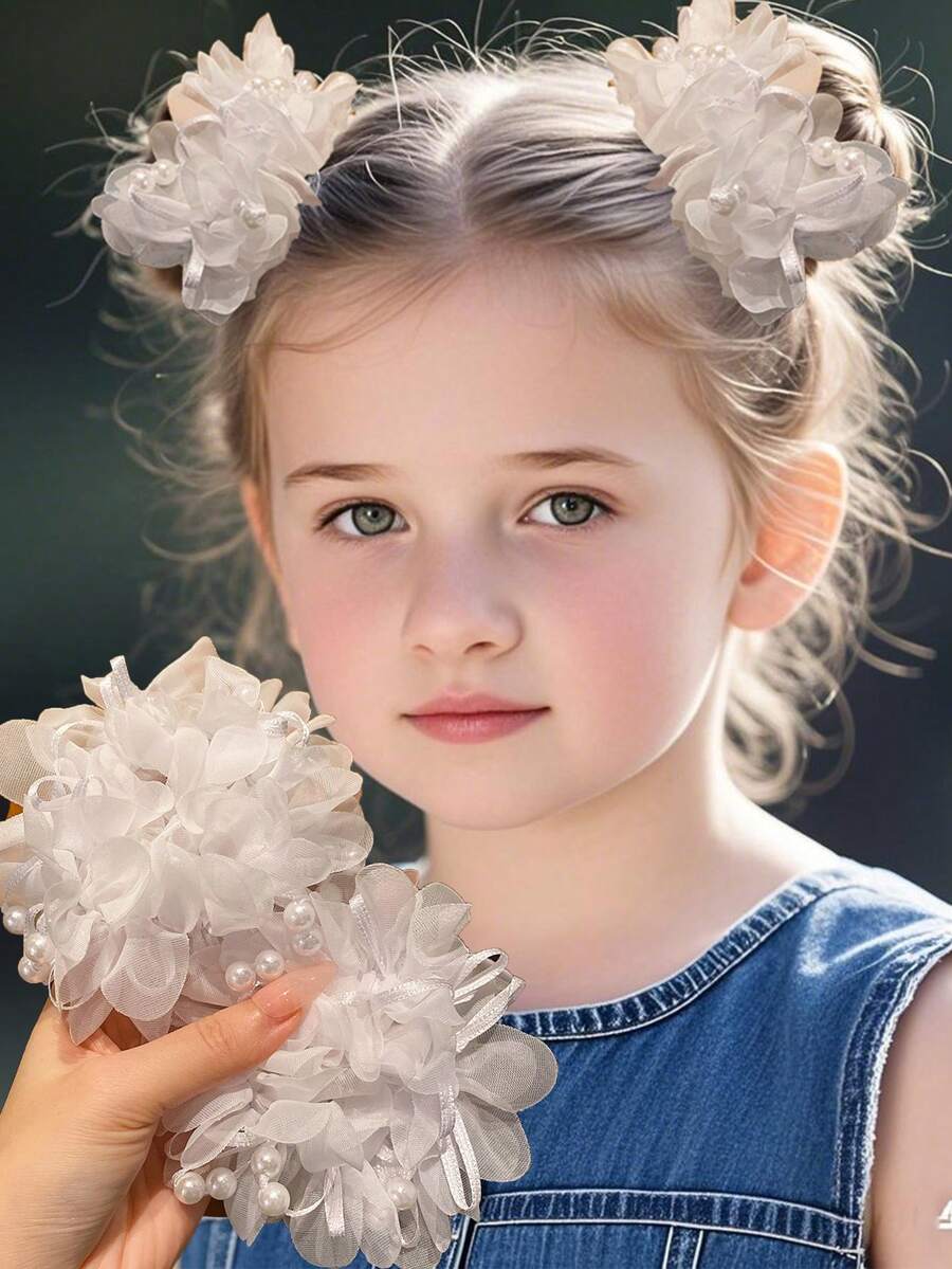 2pcs/Set Cute Hair Scrunchies For Little Girls, Hair Accessories Suitable For Performance And Daily Use - White - View 1