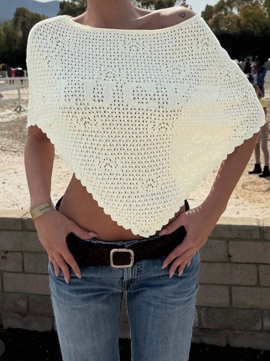 ملابس علوية كاجوال صيفية كبيرة الحجم للنساء ذات لون أحادي وطبعة حرف محظوظ بأكمام خفافة، ملابس علوية محبوكة شبكية مفرغة مناسبة للعطلات والشاطئ مع حافة غير متماثلة