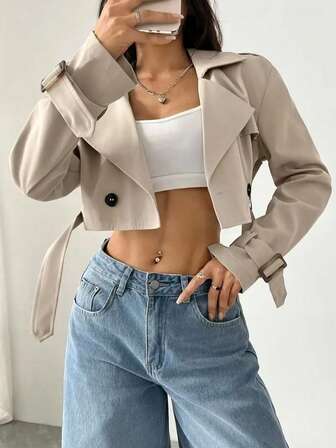 Women's Casual Everyday Belted Button-Up Short Sleeve Solid Color Khaki Trench Coat, Spring/Autumn/Winter