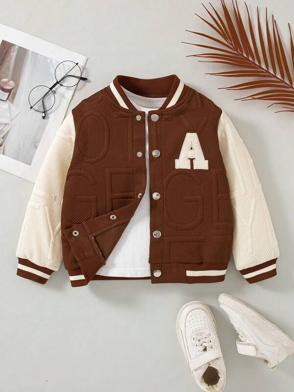 Boys' Casual Outdoor Fashion Contrast Color Embroidered Letter Design Long Sleeve Jacket Coat, Spring/Autumn