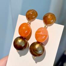 Amber Sunset Color Round Color Block Earrings Vintage Melad Brown Round Bead Earrings Artistic Earrings Suitable For Daily, Festival, Party Wear - 彩色 - 查看 2