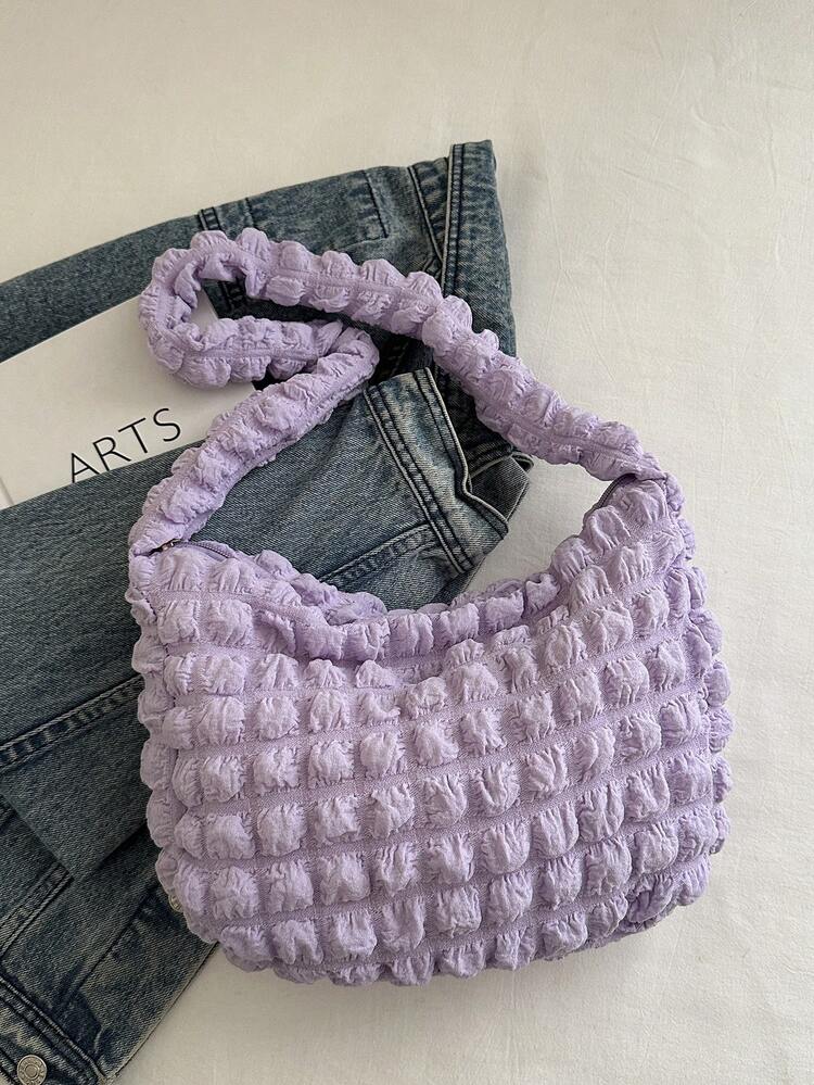 Soft Texture Large Capacity Women's Shoulder Bag, Casual Commuter Puff Cloud Pleated Bag, Korean Style - Purple - View 8