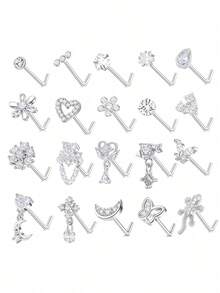 20pcs/20G Stainless Steel L-Shaped Stud Earrings With CZ Butterfly, Star, Moon, Heart And Flower Pendant, Suitable For Daily Wear And Gifts, Pink/White/Blue - Blue - View 9