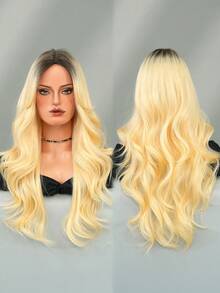 24 Inch Long Wavy Golden Ombre Wig For Women Heat Resistant Fiber Middle Part Hairpiece Dark Roots,Natural Synthetic Full Machine Hair Wigs For Daily Music Festival Party Wear, Cosplay Halloween & Street Photography Use - 漸變金色 - 查看 5