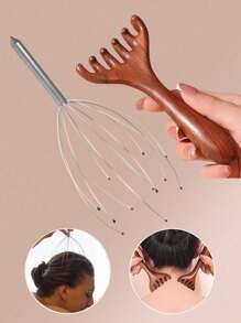 2pcs Set (Octopus Massager + Deer Horn Massage Claw) - Silver Octopus Head Massager, Steel Wire Soul Extracting Scalp Massage Claw, Deer Horn 5-Prong Scalp Natural Sandalwood Hair Therapy Massage Meridian Unisex Finger Massage Tool,Hair,Hair Tools,Hair Care,School,Back To School,Travel,Travel Essentials,Home Essentials,Spa,Massage Tool,Massage,Massager,Spa