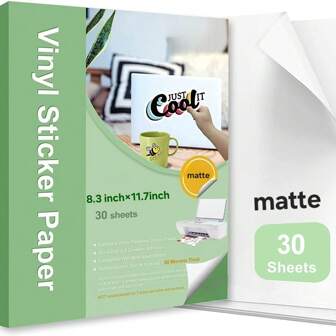 30 Sheets Premium Printable Vinyl Sticker Paper, Matte White Self-Adhesive, Waterproof Decal Paper, Fast Drying Colors, Tear-Resistant, Suitable For Epson, HP, Canon Inkjet And Laser Printers