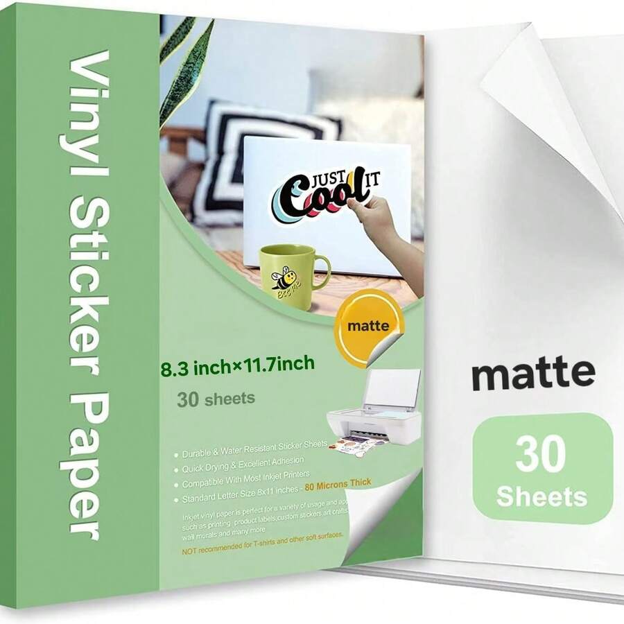 30 张优质可打印乙烯基贴纸纸，哑光白色自粘，防水贴花纸，快干颜色，抗撕裂，适用于爱普生、惠普、佳能喷墨和激光打印机