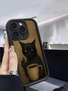 1 件忧郁猫咪插画印花黑色 TPU 磨砂防滑表面手机壳，适用于 11/12/13/14/15/16 Pro Max 和 - 彩色 - 查看 2