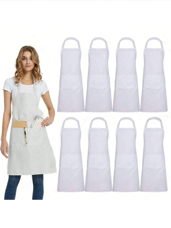 1/3/6pcs White Aprons - Unisex Aprons With 2 Spacious Pockets, Machine Washable, Suitable For Kitchen, Crafts, Barbecue, Painting