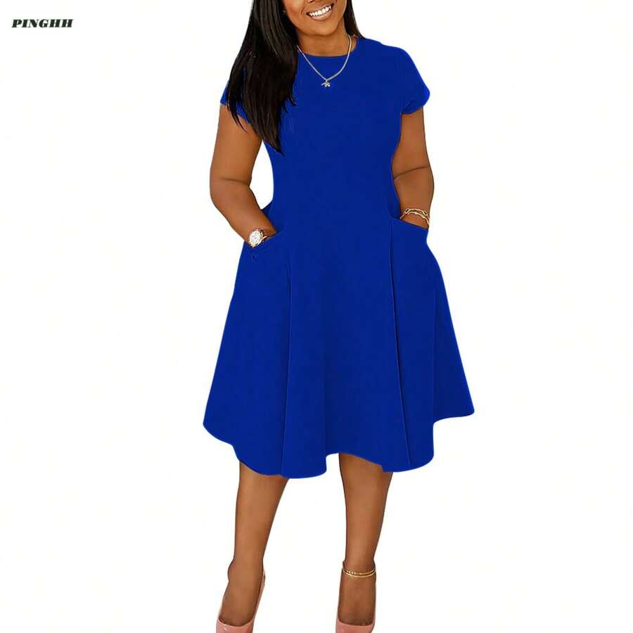 Womens Elegant Casual Short Sleeve Midi Dress - 藍色 - 查看 1