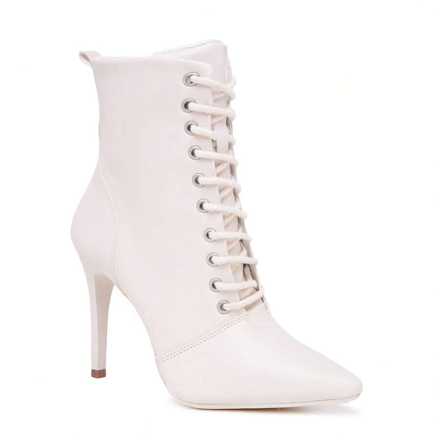 Women's Thin Heel Boot With Front Lace-Up And Modern Style - trắng - Xem 1
