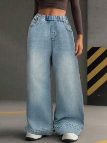 Girls' Polka Dot Embroidered Flared Leg Jeans - Blue - View 1