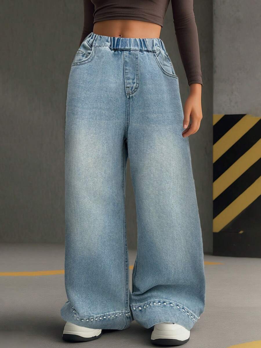 Girls' Polka Dot Embroidered Flared Leg Jeans - Blue - View 1